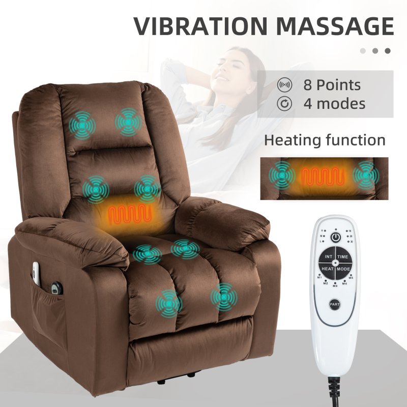 HOMCOM Velvet Riser and Recliner Chair for the Elderly, Quick Assembly, Fabric Overstuffed Lift Chair with Vibration Massage and Heat, Remote Control, Side Pockets, Dark Brown
