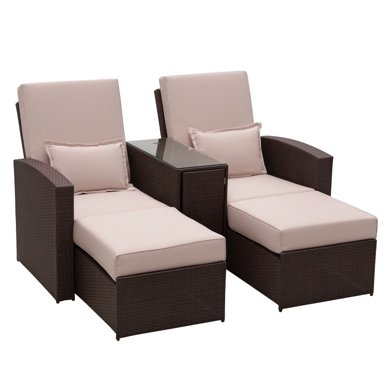 Outsunny Double Rattan Sun Lounger, Already Assembled Reclining Garden Lounger with Retractable Footrest, Glass Top Storage Table with Umbrella Hole, Garden Sunbed with Cushions and Pillows, Brown