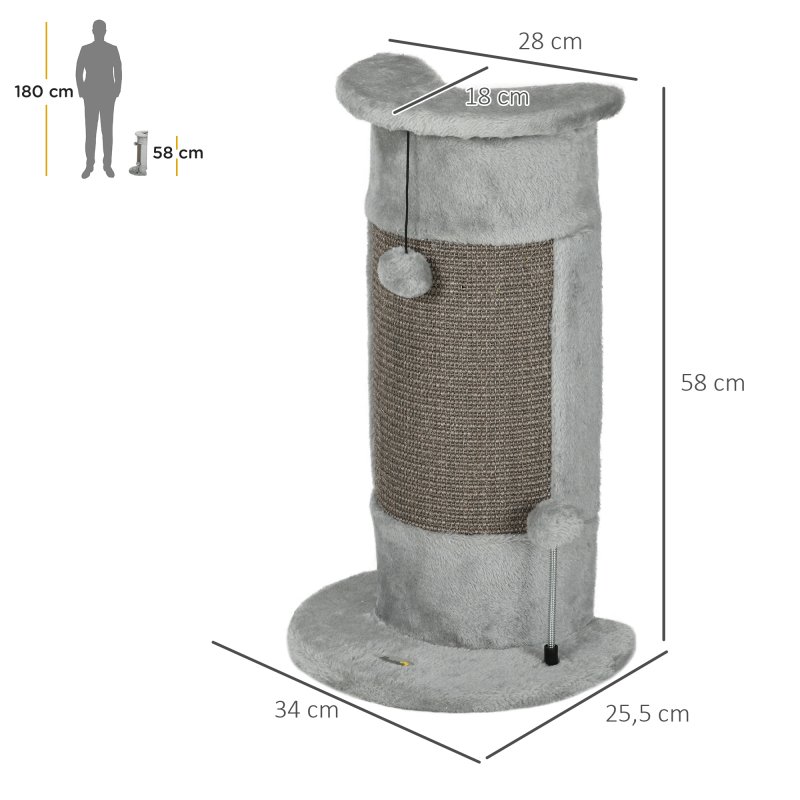 PawHut 58cm Cat Scratching Post for Corner Wall, Claw Scratcher, with Smooth Plush, Sisal Rope, Toy Balls, Stable Base - Grey