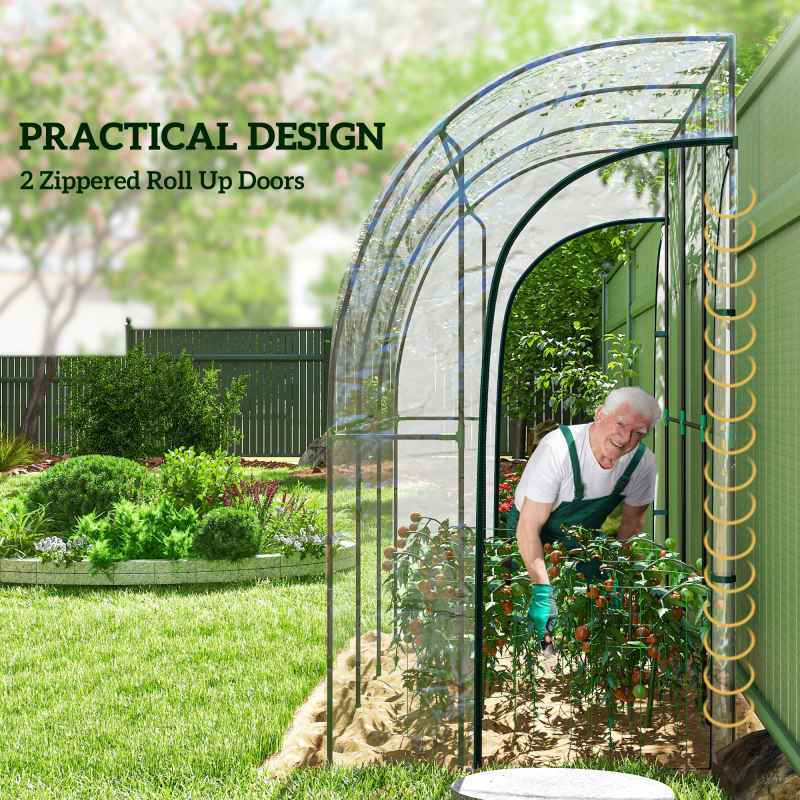 Outsunny Walk-In Greenhouse with Zipped Roll Up Doors, Lean-to Small Greenhouse with Plastic Cover and Sloping Top for Flowers, Vegetables and Herbs, 214cm x 118cm x 212cm, Clear