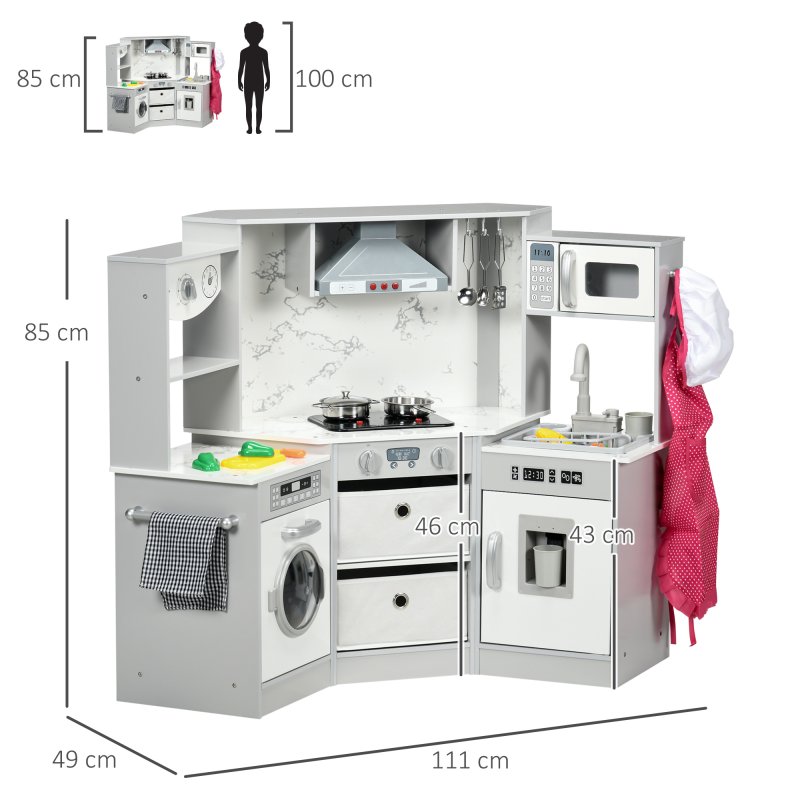 AIYAPLAY Toy Kitchen Playset, Kids Play Kitchen, Role Playing Game with Running Water, Lights, Sounds, Apron and Chef Hat, Water Dispenser, Sink, Utensils, Ages 3-6 Years - Grey