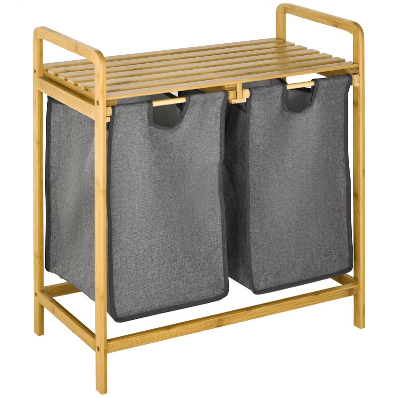 HOMCOM Bamboo Laundry Basket, Laundry Hamper with Shelf, 2 Pull-out Bags for Bedroom, Bathroom, Laundry Room, 64 x 33 x 73 cm, Grey