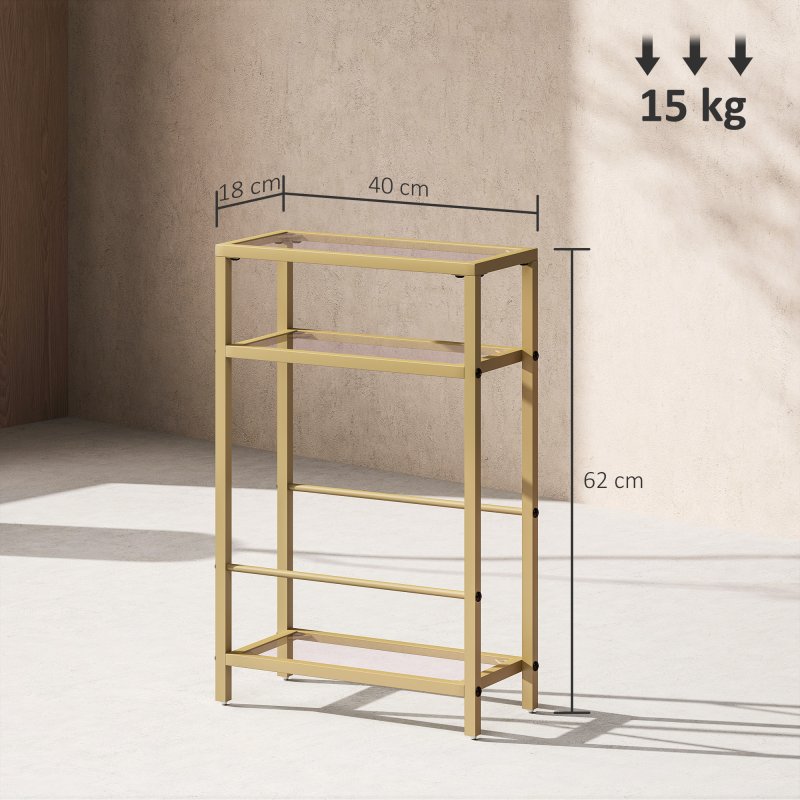 HOMCOM 3-Tier Side Table, Narrow End Table with Storage Shelf and Tempered Glass Tabletop for Small Spaces, Bedroom, Living Room, Entryway, Gold Tone