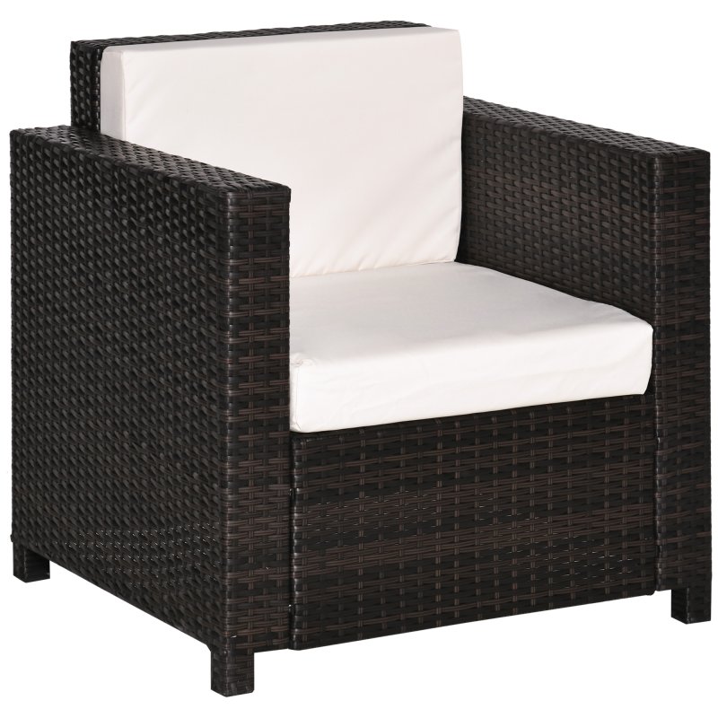 Outsunny Single Seater Rattan Chair, PE Wicker Garden Armchair with 10 cm Thickened Cushion, All-Weather Rattan Garden Chair with Armrests, Brown