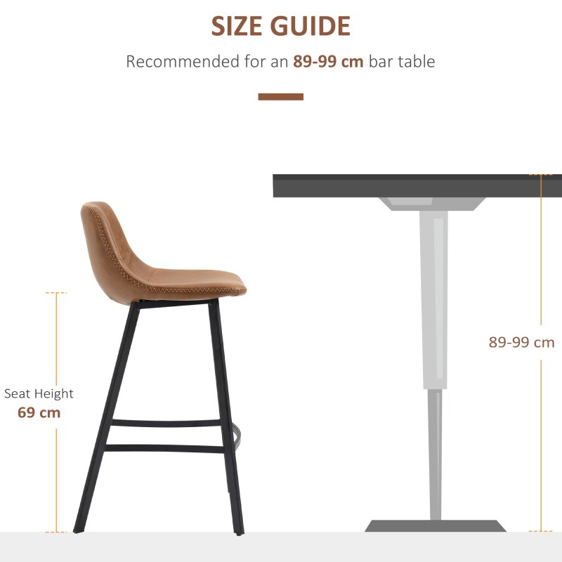 HOMCOM Bar Stools Set of 2, PU Leather Kitchen Stools, Upholstered Breakfast Bar Chairs with Backrest, Steel Legs for Home, Dining Room, Brown