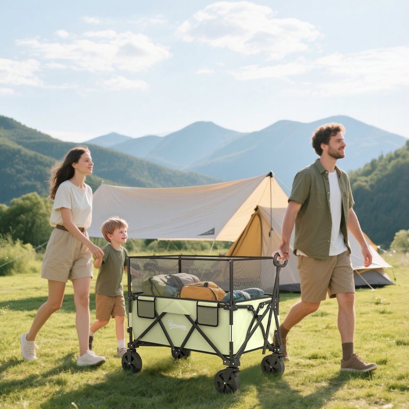 Outsunny 180L Festival Trolley on Wheels, Folding Camping Trolley Cart with Extendable Side Walls and Telescopic Handle, for Garden Beach Fishing, Light Green