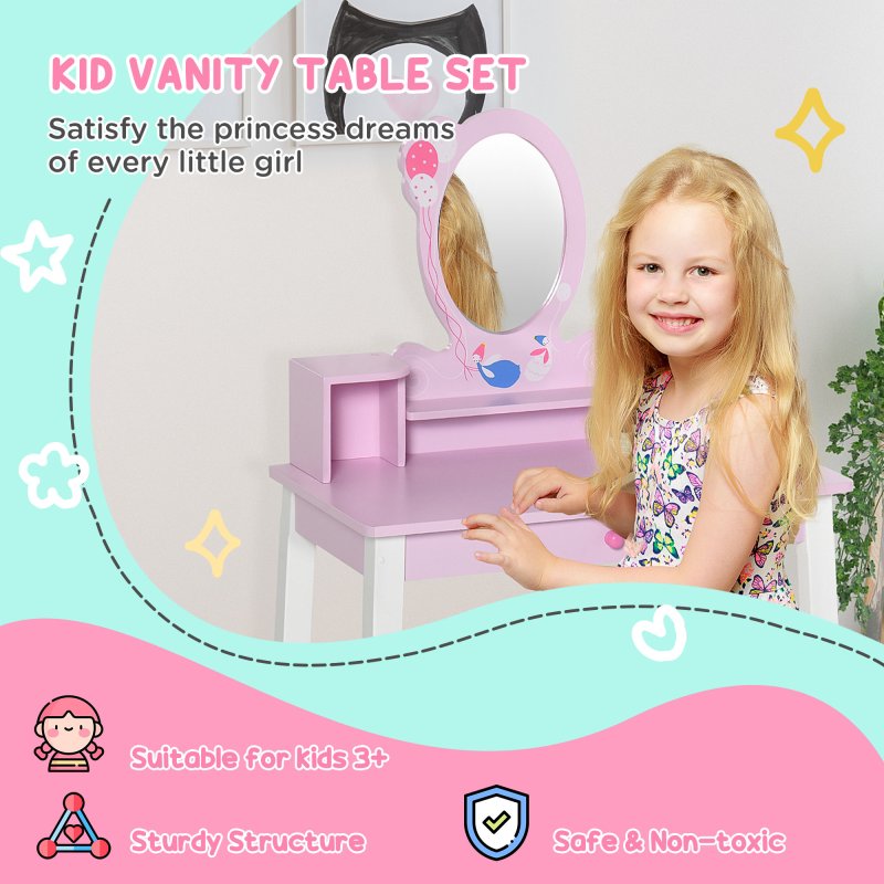 HOMCOM 2 PCS Kids Wooden Dressing Table and Stool Girls Vanity Table Makeup Table Set with Mirror Drawers Role Play Toy for Toddlers Age 3 Years +, Pink and White