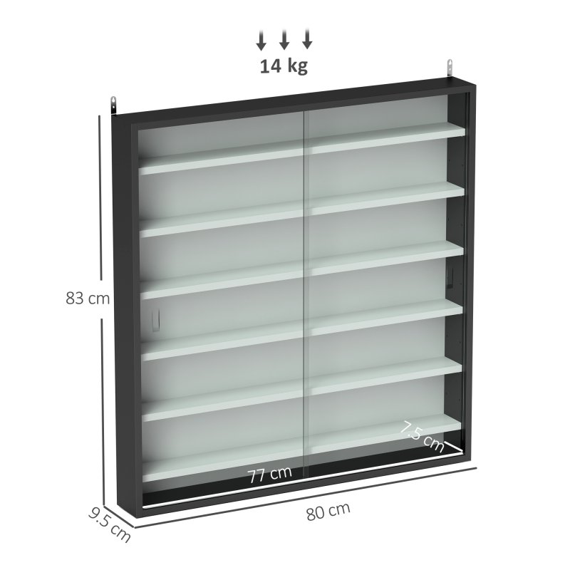 HOMCOM 7-Tier Wall Mounted Display Cabinet, Display Case with 6 Adjustable Shelves, Glass Doors for Home Office Ornaments 83x80cm, Black and White
