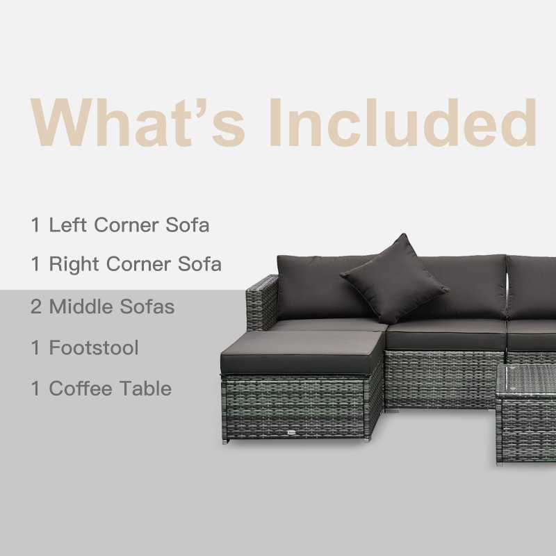 Outsunny 6 Pieces Rattan Garden Furniture Set, 5 Seater Sectional Garden Corner Sofa Set with Glass Top Coffee Table, Cushions and Pillows, All-Weather Wicker Conversation Furniture, Grey