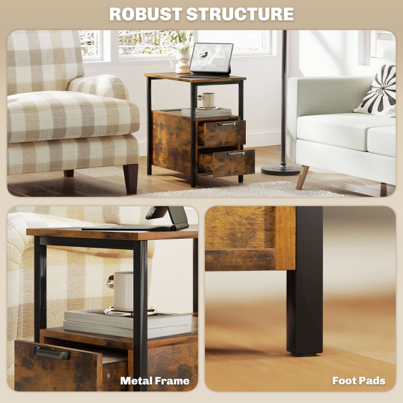 HOMCOM Side Table with Charging Station, USB Ports and Power Outlets, Narrow Bedside Table with 2 Drawers and Shelf for Living Room, Bedroom, Rustic Brown