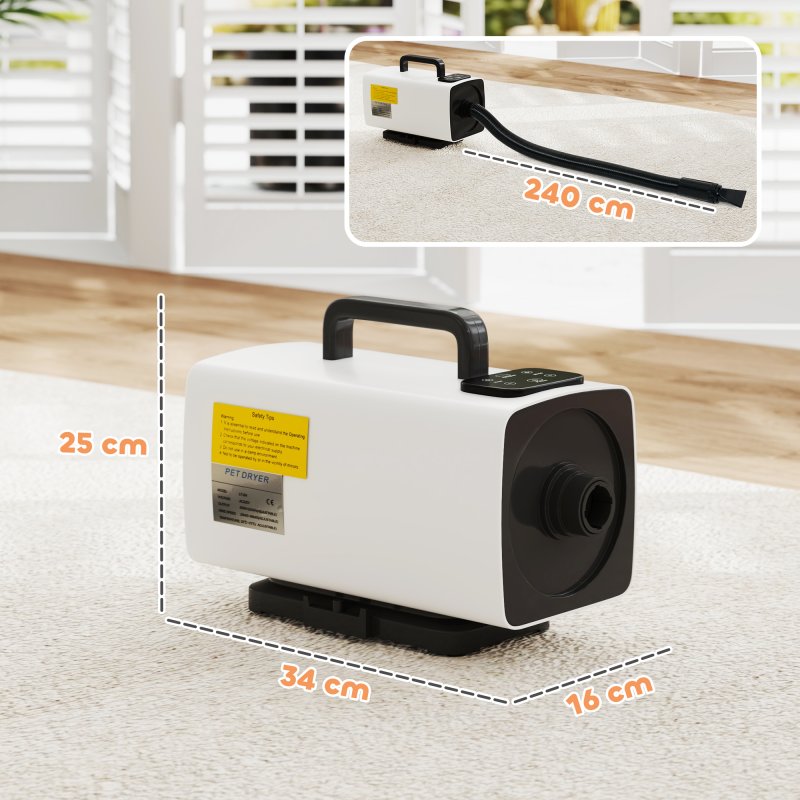 PawHut Dog Hair Dryer with One-Click Auto Adjustable Airflow and Temperature, 2200W Pet Grooming Hair Dryer with 3 Nozzles, Digital Screen, Pet Air Blower Blaster Dryer for Dogs Cats, White