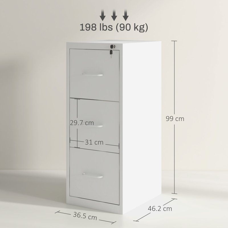 HOMCOM 3 Drawer Filing Cabinet, Vertical File Cabinet with Adjustable Hanging Bar for A4 and Letter Size, Steel Printer Stand for Home Office, Cream White