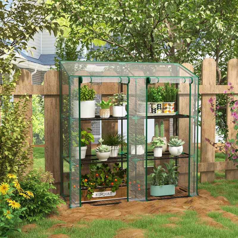 Outsunny 3 Tier Lean-to Mini Greenhouse with Reinforced Plastic Cover, Portable Indoor Outdoor Green House with 2 Roll-up Doors and 6 Wire Shelves, 151H x 143W x 46Dcm, Clear