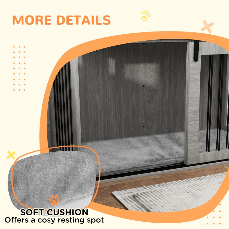 PawHut Dog Crate Furniture, Dog House Furniture Style for Extra Large Dogs, Dog Kennel with Removable Cushion for Indoor Use, 118 x 60 x 73 cm, Grey