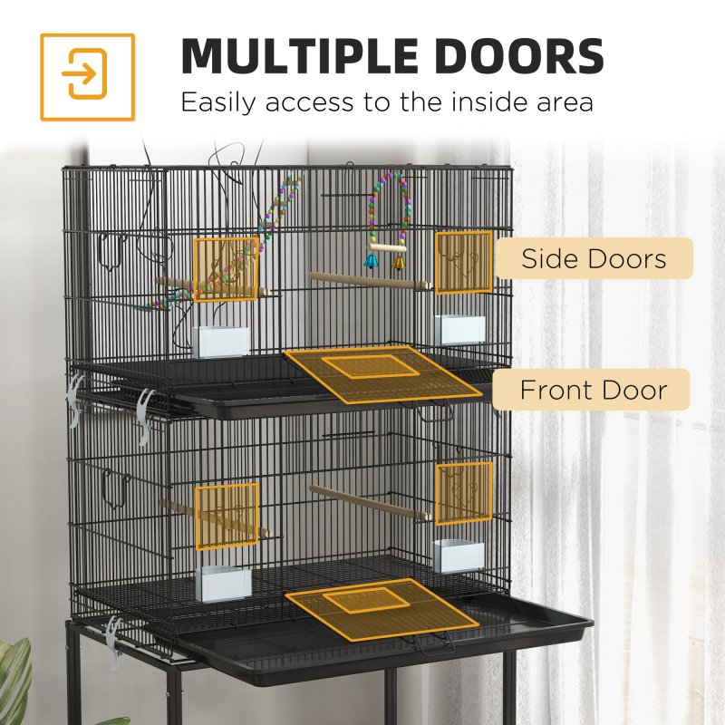 PawHut 2 Tier Bird Cage, Budgie Cage with Stand, Swing, Rope, Ladder, Wheels, Shelf, Tray, Perches, Food Containers, for Canaries, Lovebirds, Finches