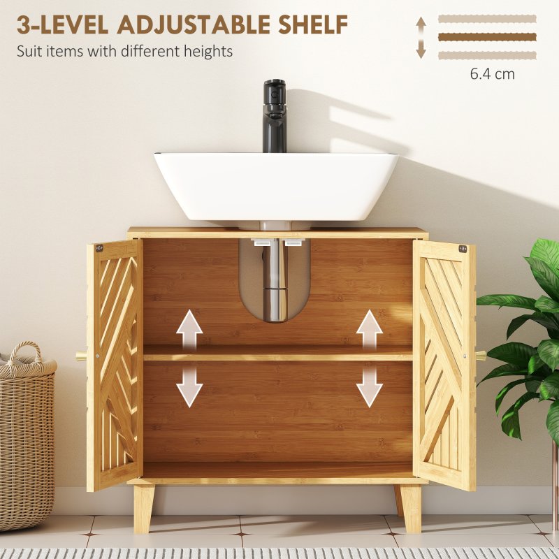 HOMCOM Under Sink Bathroom Cabinet, Bamboo Freestanding Under Sink Cabinet with Adjustable Shelf and Slat Doors for Basin without Pedestal, Natural