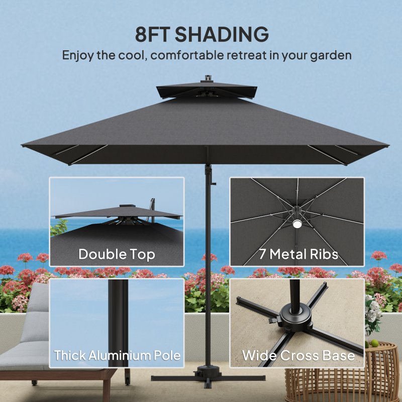 Outsunny 2.5m Cantilever Parasol with Solar Powered LED Lights, Double Top Square Overhanging Garden Parasol with 360 Rotation, Tilt Adjustment, Crank Handle, Dark Grey