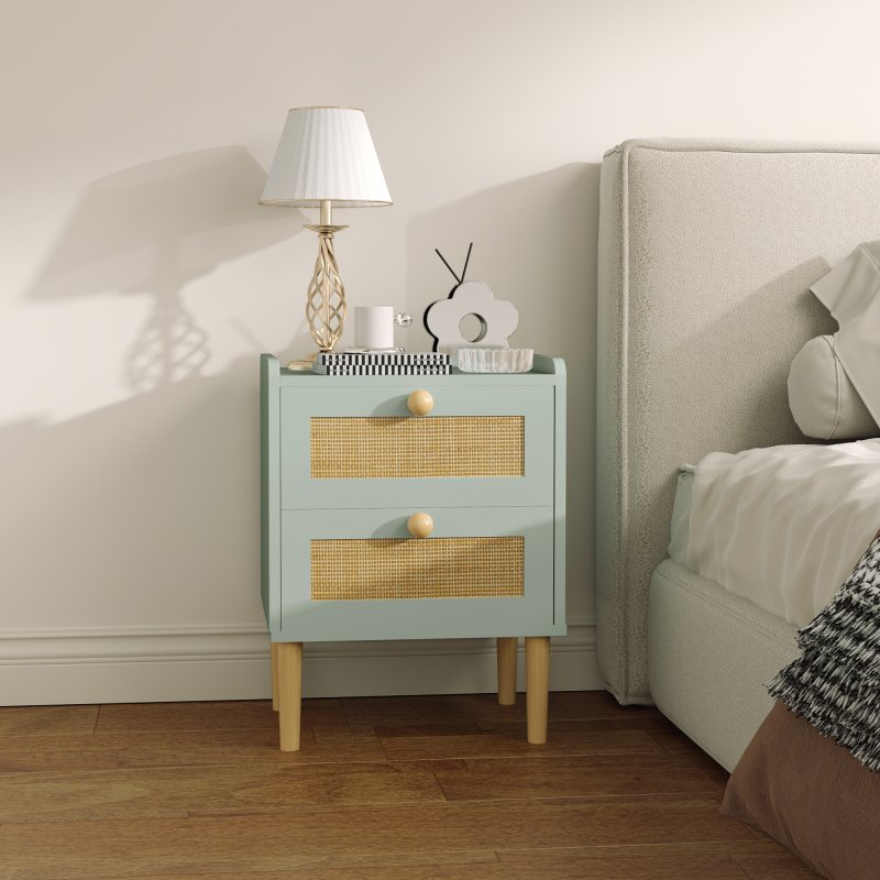 HOMCOM Bedroom Chest of Drawers, Boho Rattan Dresser with 2 Drawers, Storage Cabinet for Living Room, Hallway, Entryway, Olive Green