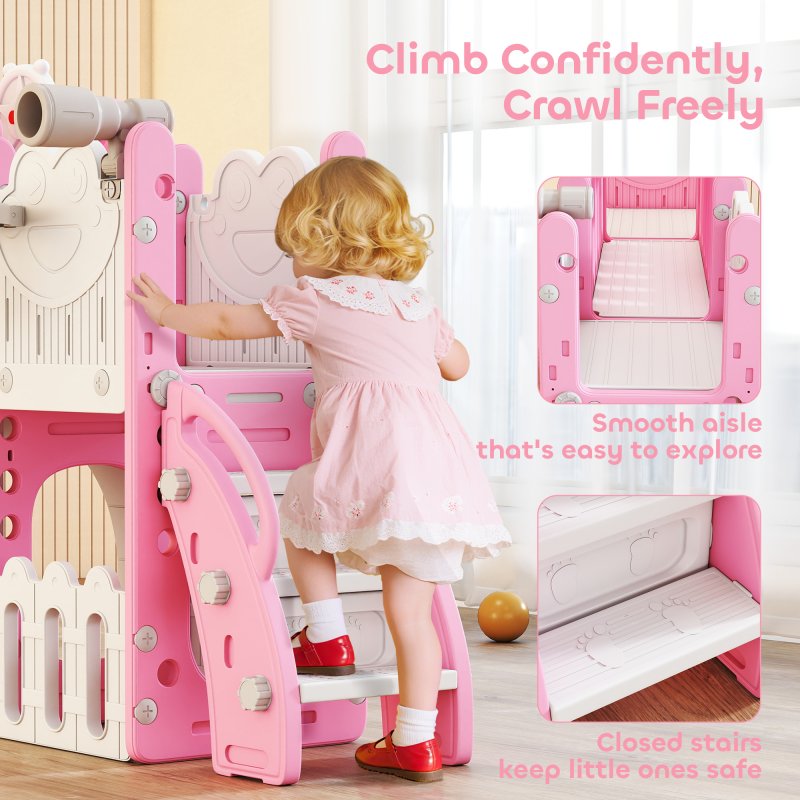 AIYAPLAY 7 in 1 Toddler Slide Set with Basketball Hoop, Outdoor & Indoor Frog Theme Playset with Climbing Frame, Telescope, Drawing Board, Storage Box for Toddlers Ages 1-3, Pink