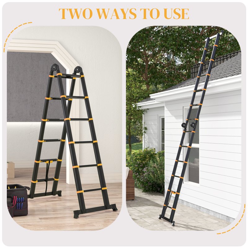 HOMCOM 3.8M Duo Aluminium Ladder with 12 Non-Slip Steps, Tool Holder Herringbone Deployed Extendable DIY with Climbing Platform, Yellow