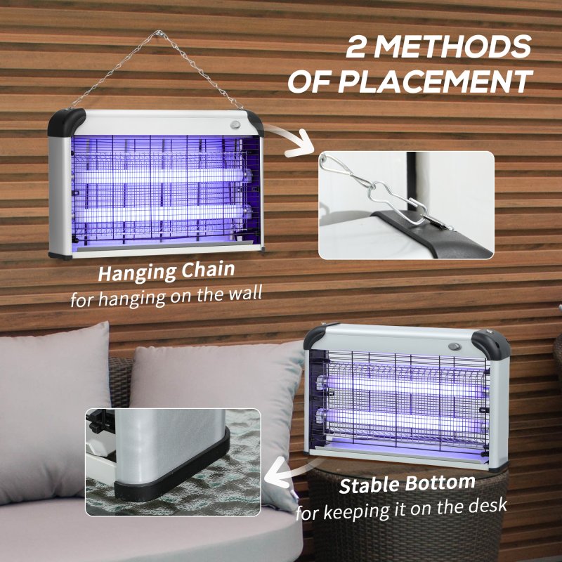 Outsunny 30W Electric Fly Zapper, Bug Zapper with UK Plug, 2 UV Bulbs, Hanging Chain, On/Off Switch and Removable Catch Tray, 60?O Coverage Insect Mosquito Killer for Indoor and Outdoor Use, Silver