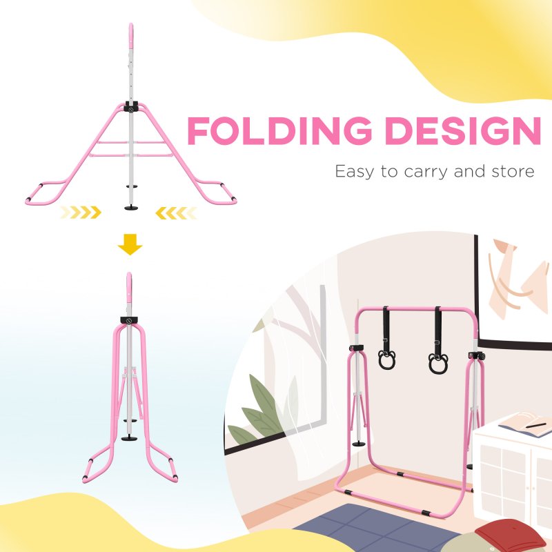HOMCOM Kids Gymnastics Bar, Horizontal Bar for Kids, Adjustable Height Folding Gymnastics Equipment with Gymnastic Rings, Non-slip Rubber Floor Rings, for Home, Flat, Pink