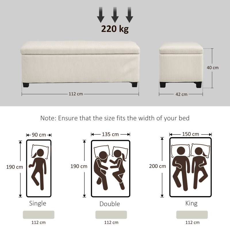 HOMCOM Storage Ottoman Bench, Corduroy Footstool with Removable Lid and Legs, 112cm Storage Chest Box for Living Room, Bedroom, Hallway