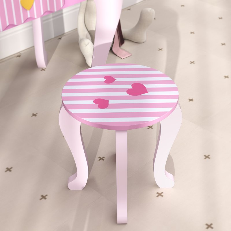 AIYAPLAY Kids Dressing Table Set, 2-Piece Children Vanity Table with Stool, Mirror, Drawer, Desktop, Storage, Heart-Themed Makeup Desk and Chair, Pink
