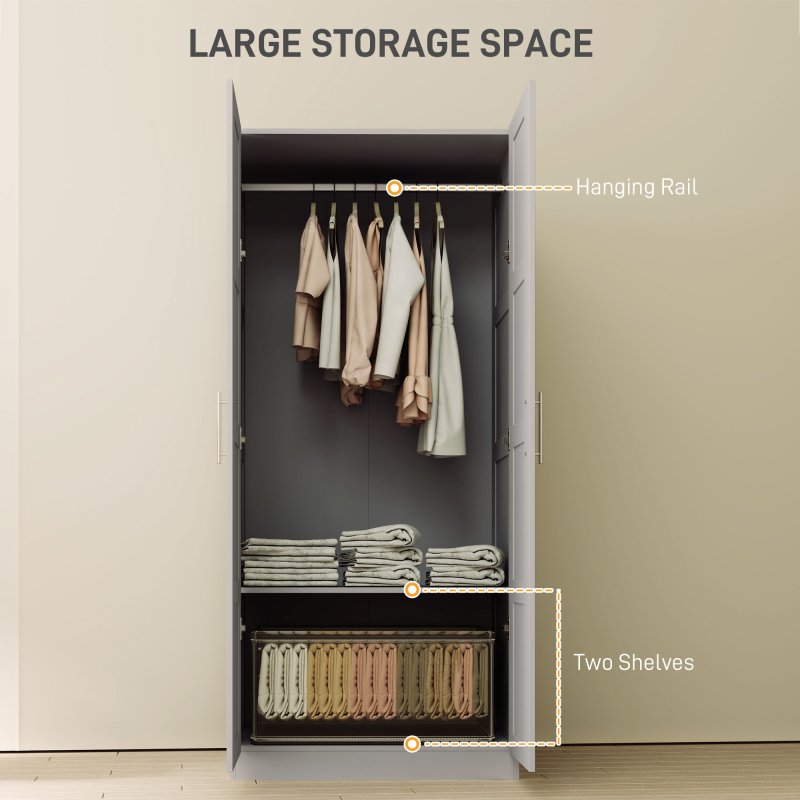 HOMCOM 2 Door Wardrobe for Bedroom, Double Wardrobe with Shelves and Hanging Rail, Modern Bedroom Furniture, Grey