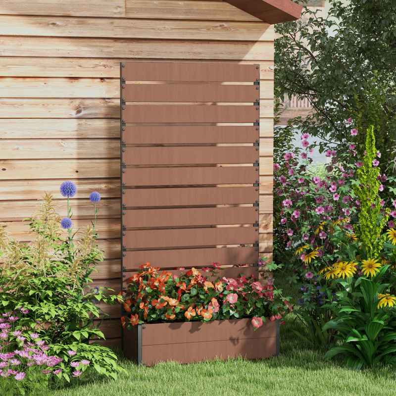 Outsunny Garden Planter with Trellis for Climbing Plants, Vines, Flowers, Freestanding Raised Bed for Garden, Outdoor, Patio, Planter Box with Drainage Gap, Light Brown