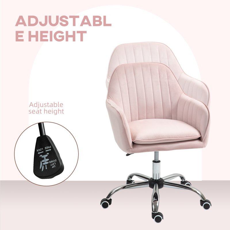 HOMCOM Office Chair, Swivel Desk Chair, Velvet-Feel Fabric Vanity Chair with Adjustable Height and Rolling Wheels for Home Work Study, Pink