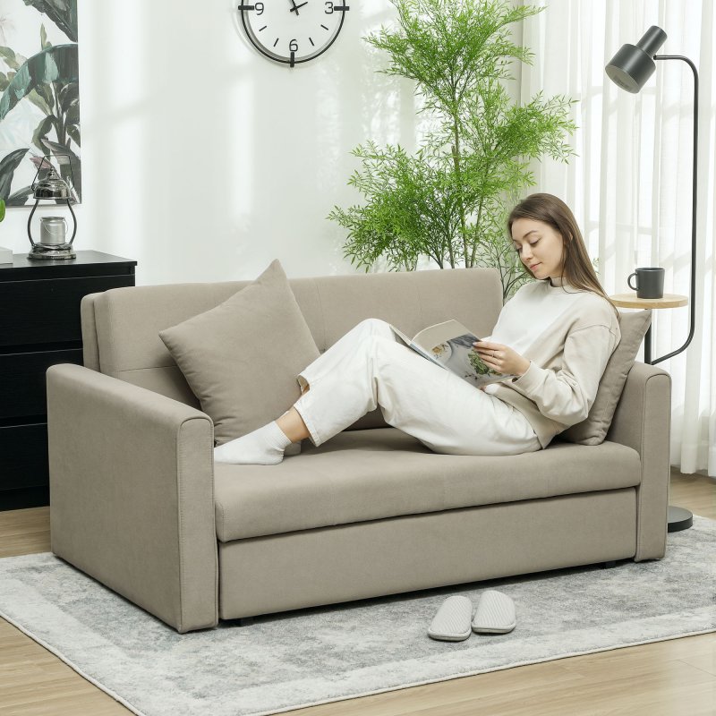 HOMCOM 2 Seater Sofa Bed, Convertible Bed Settee, Modern Velvet Loveseat Sofa Couch with 2 Cushions, Hidden Storage for Living Room, Guest Room, Light Brown