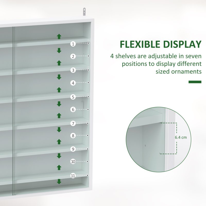 HOMCOM 7-Tier Wall Mounted Display Cabinet, Display Case with 6 Adjustable Shelves, Glass Doors for Home Office Ornaments 83x80cm, White