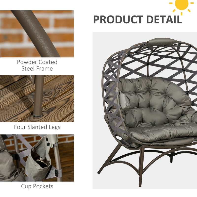 Outsunny Egg Chair Outdoor, 2 Seater Folding Weave Garden Furniture Chair with Cushion, Cup Pockets for Patio Balcony - Sand Brown