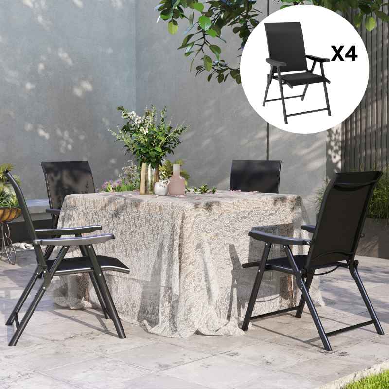 Outsunny Set of 4 Folding Chair, Garden Chair Set with Breathable Mesh Back and Seat, Outdoor Camping Chairs with Armrests, Steel Frame for Deck Balcony, Black