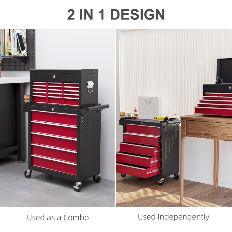 HOMCOM 2 in 1 Rolling Tool Cabinet on Wheels with 14 Drawers, Pegboard and Side Rack, Lockable Top Tool Chest and Roller Cabinet Combo for Workshop and Home, Red