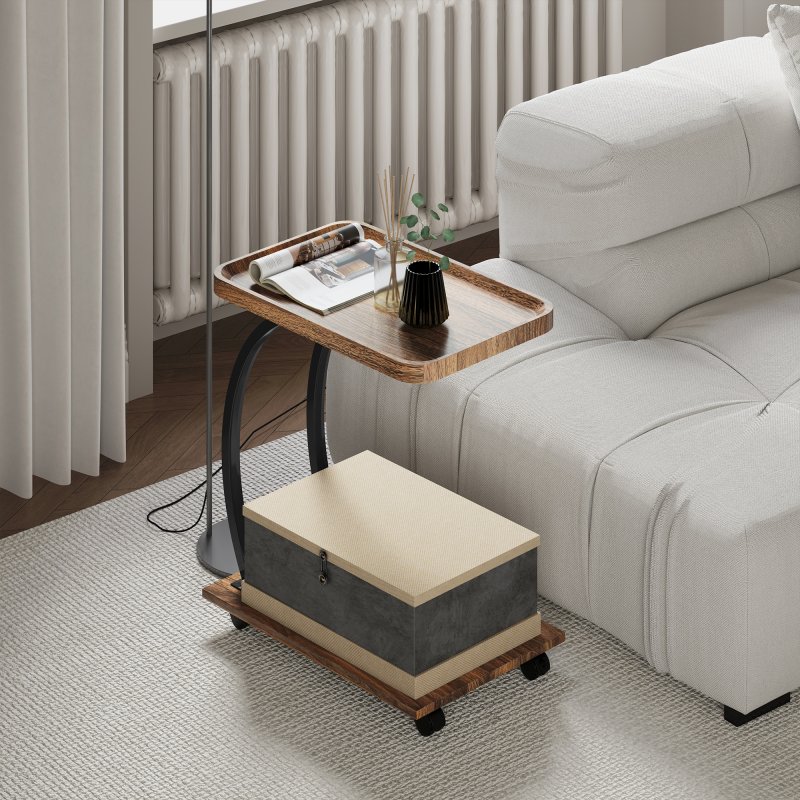 HOMCOM C Shaped Side Table with Storage, Mobile 2-Tier Bedside Table with Tray Top, Wheels, Steel Frame for Living Room, Bedroom, Brown