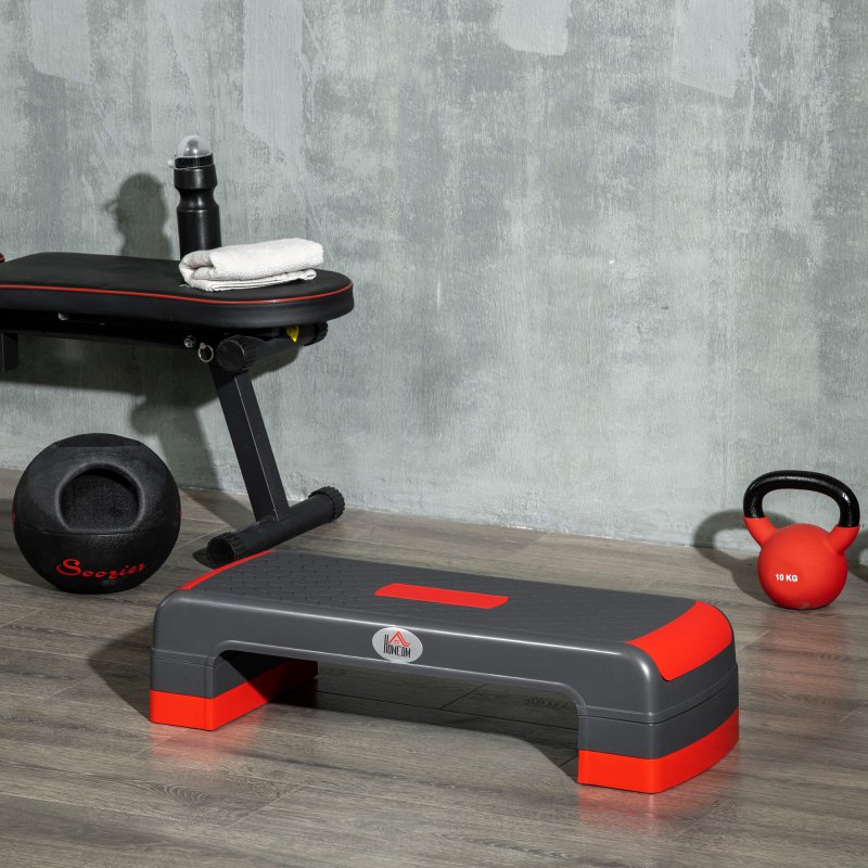 HOMCOM Aerobic Step, 10cm, 15cm & 20cm Height Adjustable Exercise Stepper for Exercise Workout, Nonslip Step Board Great for Home & Office, Grey and Red