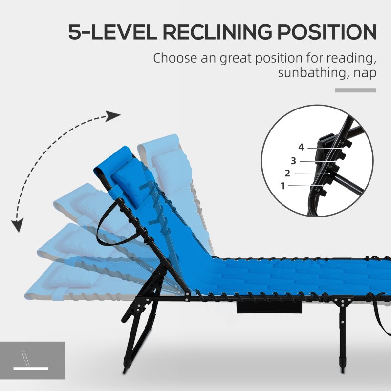 Outsunny 2 Piece Foldable Sun Lounger Set with 5-level Reclining Back, Outdoor Tanning Chairs Sun Loungers with Build-in Padded Seat, Side Pocket, Headrest for Beach, Patio, Blue