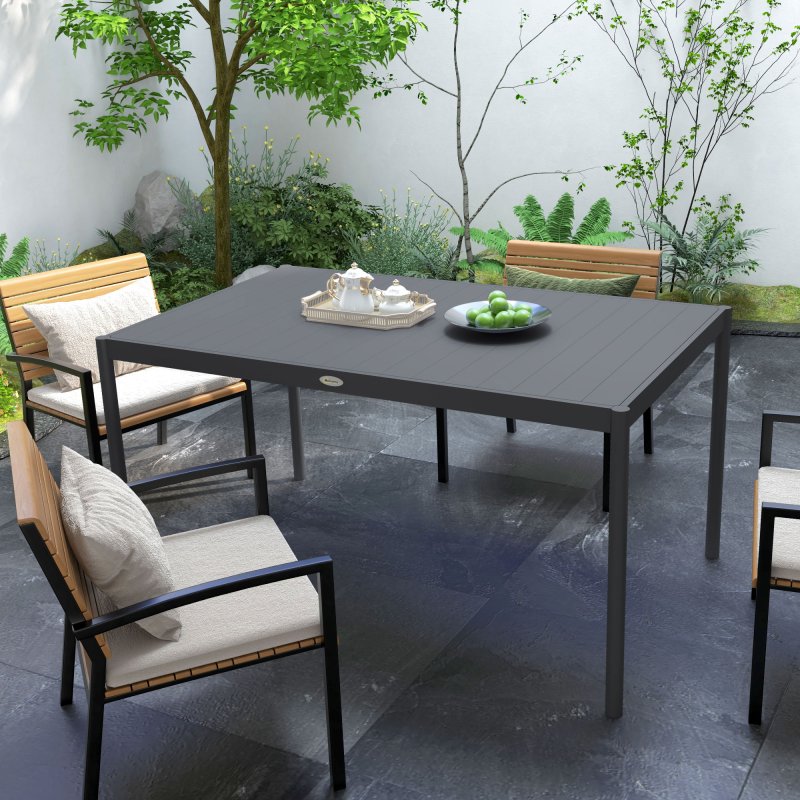 Outsunny 145cm Garden Table, Rectangle Outdoor Dining Table for 6 People, with Steel Legs and Slatted Aluminium Top, for Balcony, Lawn, Dark Grey