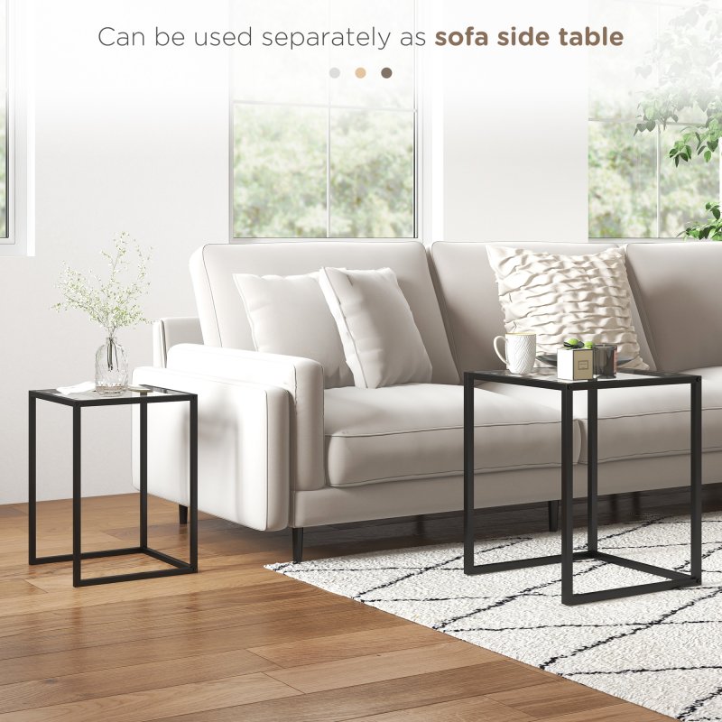HOMCOM Nesting Tables Set of 2, Side End Table with Tempered Glass Top and Steel Frame for Living Room, Bedroom, Black