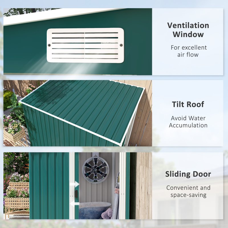 Outsunny 7 x 5ft Galvanised Metal Garden Shed with Foundation, Lean to Shed, Tool Storage House with Sliding Doors, 2 Vents, Adjustable Shelves and Hooks, Green