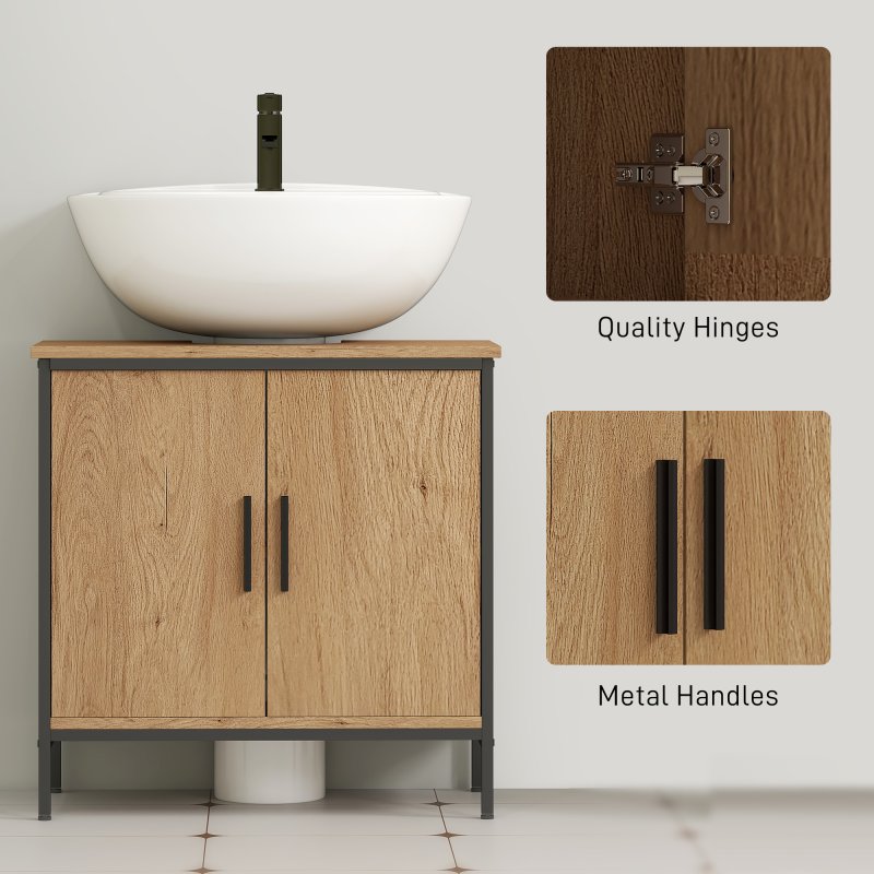 HOMCOM Under Sink Bathroom Cabinet, Industrial Freestanding Under Sink Cabinet with 2 Doors, Adjustable Shelf and Steel Frame for Basin without or with Pedestal, Oak