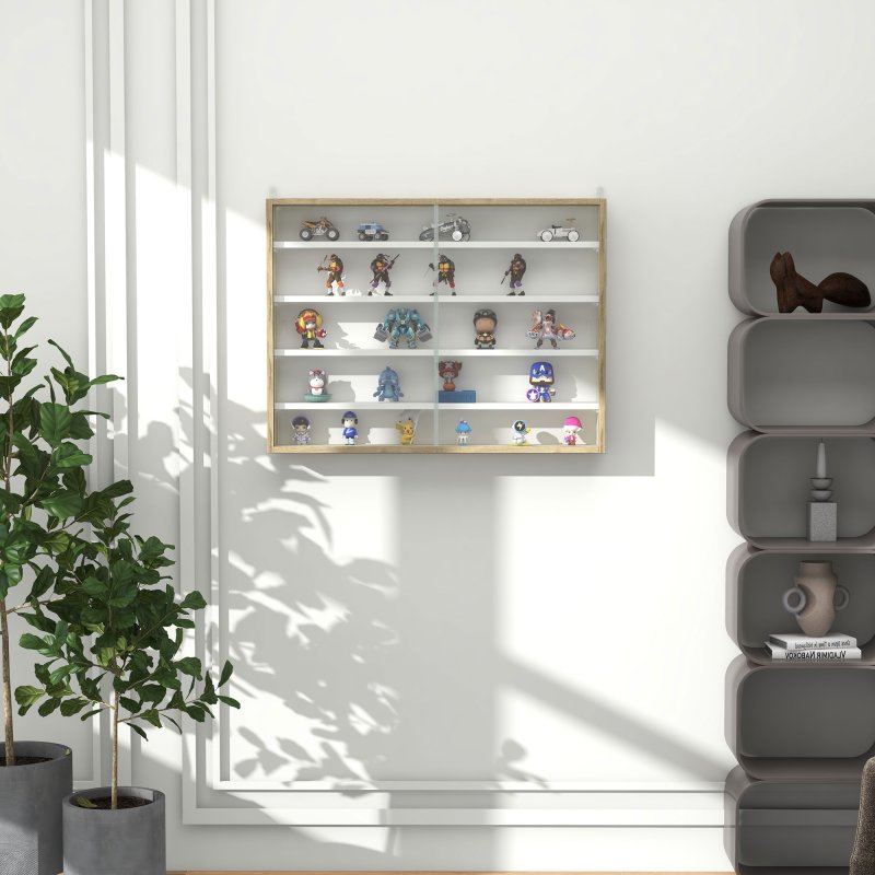 HOMCOM 5-Tier Wall Mounted Display Cabinet, Display Case with 4 Adjustable Shelves, Glass Doors for Home Office Ornaments 60x80cm, Natural