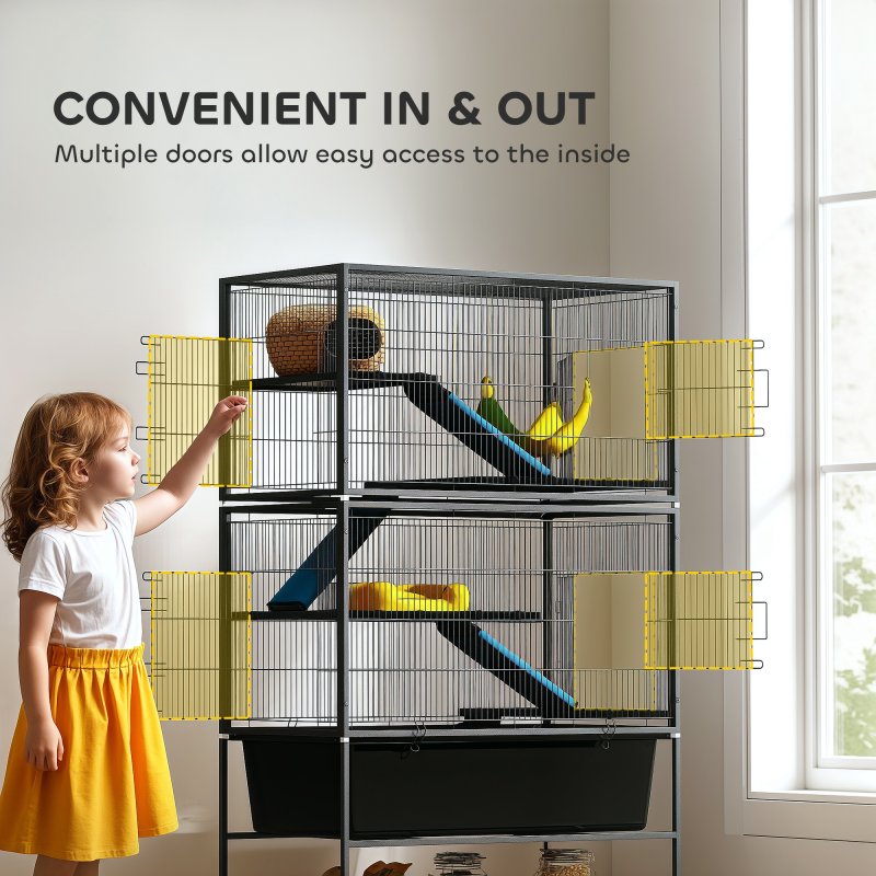 PawHut 5 Levels Rabbit Cage, Rolling Rat Cage with Slide Out 16cm Deep Tray, Non Slip Cloth Covered Ramps, Hammock, for Bunny, Pet Mink, Chinchillas, Squirrel, 88 x 48 x 150.5cm, Dark Grey