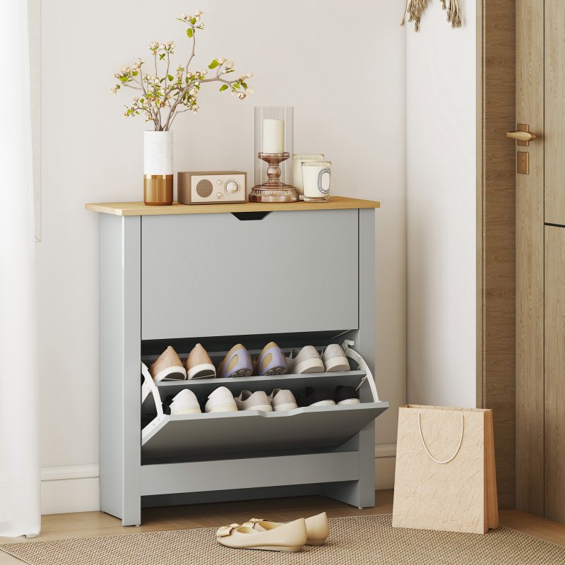 HOMCOM Narrow Shoe Cabinet, Space Saving Shoe Storage Cabinet with 2 Flip Drawers and Adjustable Shelves for 6-12 Pairs of Shoes for Hallways and Living Room, Light Grey