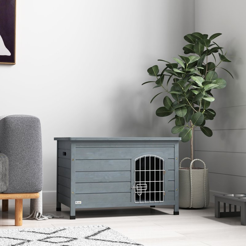 PawHut Wooden Dog House with Removable Bottom, Outdoor Dog Kennel with Wire Door, Openable Top, Pet Shelter for Small Dogs, 80 x 55 x 53.5cm, Dark Grey
