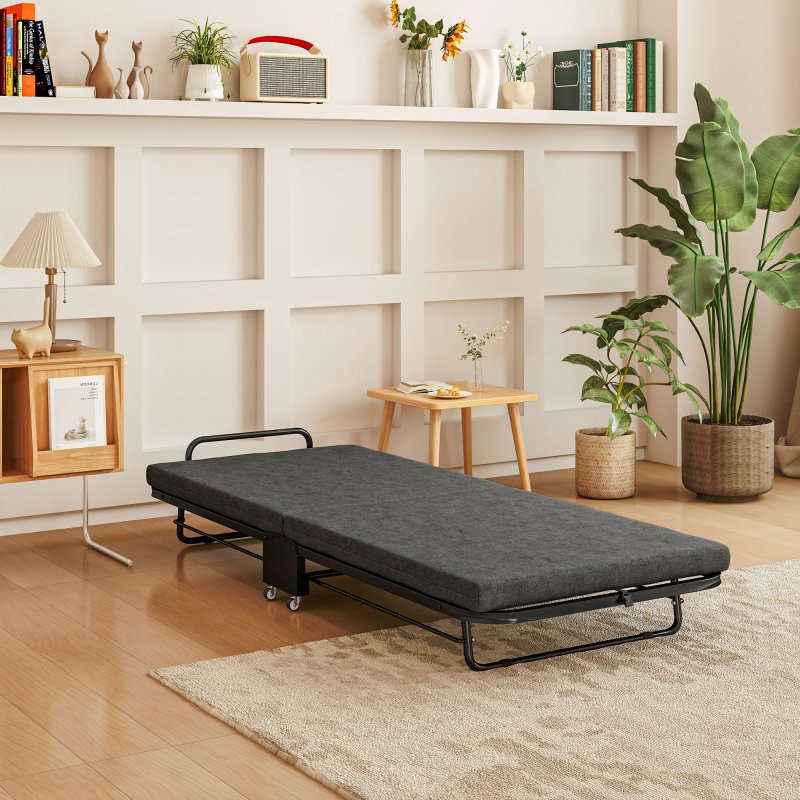 HOMCOM Folding Bed with Mattress, Foldable Guest Bed on Wheels, Portable Single Bed with 7cm Mattress, 188 x 76cm, Grey