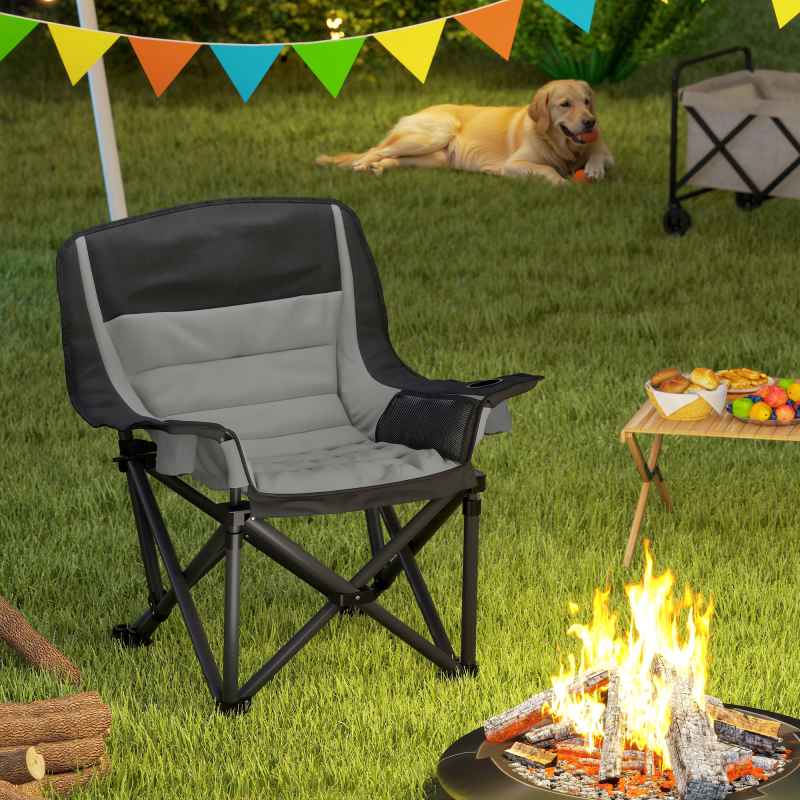 Outsunny Folding Camping Chair for Adults, Portable Padded Folding Chair with Cup Holders, Side Pockets and Carry bag for Picnic, Hiking, Fishing, Grey