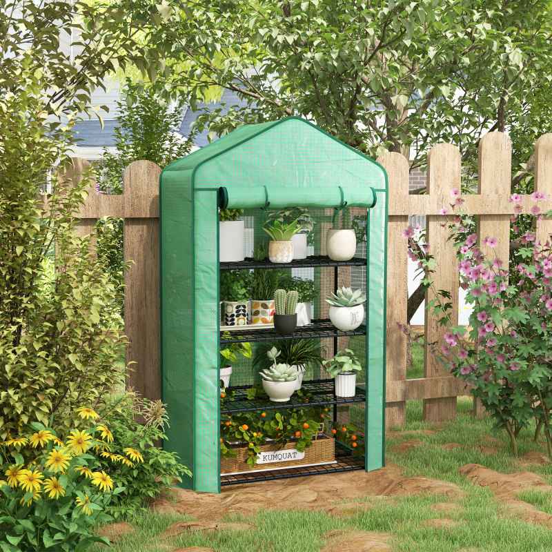 Outsunny 4 Tier Widened Mini Greenhouse with Reinforced PE Cover, Portable Indoor Outdoor Green House with Roll-up Door and Wire Shelves, 90 x 49 x 160cm, Green
